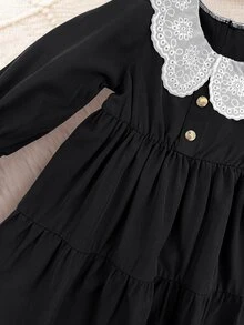 SHEIN 女嬰對比色彼得潘領長袖荷葉邊可愛洋裝 - 黑色 - 查看 9