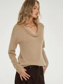 ATUI Studio Women's Solid Color Casual Daily Long Sleeve Sweater - Brown - View 5