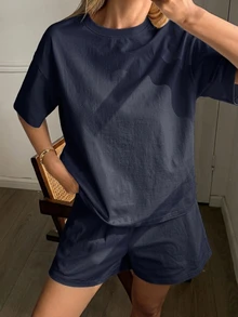DAZY 夏季極簡風 100% 純棉休閒短袖上衣與短褲 2 件組女款居家服 - 藏蓝色 - 查看 7