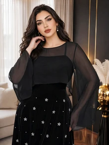 Modelyn Plus Size Women's Flare Sleeve Top And Floral Print Dress Elegant 2 Pieces Set - Black - View 3