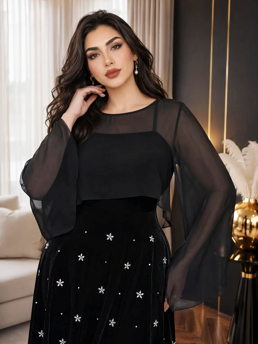 Modelyn Plus Size Women's Flare Sleeve Top And Floral Print Dress Elegant 2 Pieces Set - Black - View 1