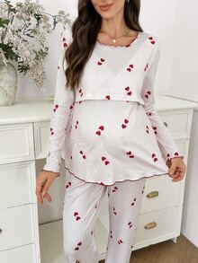 Moonlight&Mama Striped Heart Print Contrast Color Ruffle Trim Pullover Nursing Long Sleeve Top And Pants Maternity Pajama Set, Casual Home Wear - Multicolor - View 4