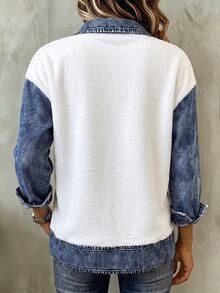 Balvessa Sweatshirt Wanita Kasual Dasar Musim Gugur/Dingin, Bertekstur Bulu Domba, Gaya Kargo Vintage Amerika, Efek Denim, Patchwork, Lengan Panjang Longgar, Setengah Kancing - MultiWarna - View 3