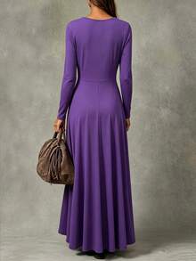 Trelyra Women's Fashion Overlap V-Neck Long Sleeve Elegant Dress - Purple - View 2
