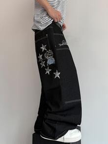 STEELVANCE Celana Jeans Denim Kasual Gaya Jalanan Vintage, Serbaguna, dengan Desain Lusuh, Dicuci, Bordir Rivet, Jahitan Kontras, Potongan Longgar, Lurus, dan Lebar (Sabuk Tidak Termasuk) - Hitam - View 4
