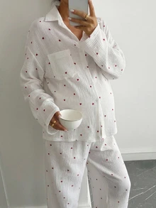 Dazy Maternity Contrast Color Heart Print Loose Long Sleeve Shirt & Straight Leg Pants Casual Daily Home Wear Spring Autumn Maternity 2 Pieces Set - White - View 5