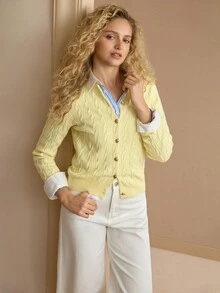 MOTF PREMIUM WOMEN'S LETTER EMBROIDERED CABLE KNIT CARDIGAN - Yellow - View 5