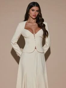 SHEIN BAE Women's Solid Color Long Sleeve Single-Breasted Blazer And Skirt Elegant Suit Set - Apricot - View 7