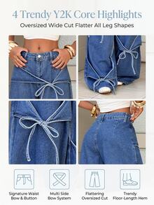 SHEIN Tall Women's Casual Washed Tie-Waist Wide Leg Jeans - Blue - View 9
