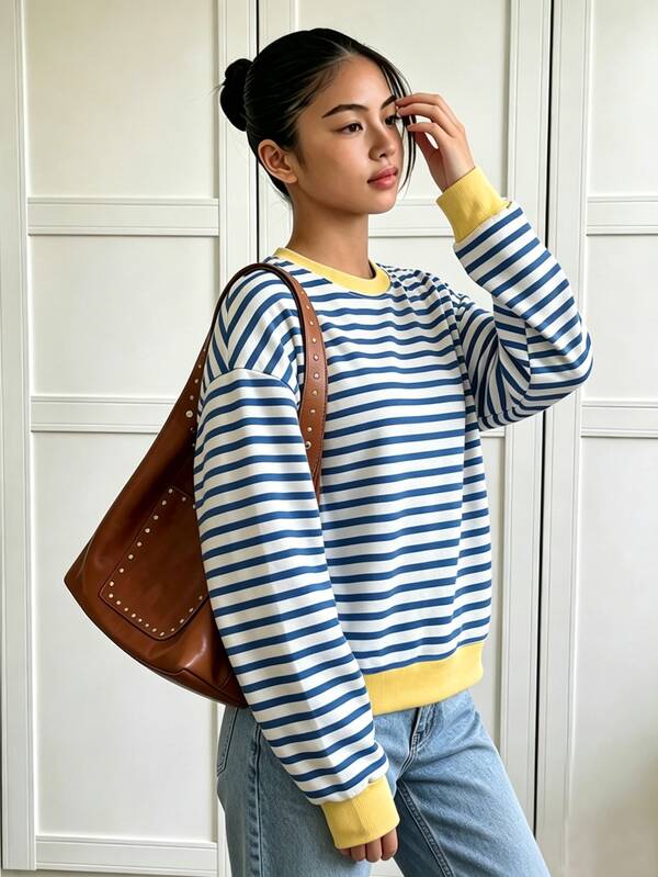 Back To School Season Autumn/Winter Casual Fashion Girls Vintage Fresh Blue & White Striped Crew Neck Sweatshirt American Style Jacket, Suitable For Christmas, Halloween, Personalized Versatile Top For Girls 8Y-12Y
