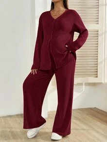 SHEIN 孕婦純色單排扣長袖上衣與可調腰圍長褲休閒兩件套 - 酒紅色 - 查看 4