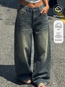 SHEIN 青少年女孩毛邊星形復古復古風藍色牛仔寬鬆長褲 - 中等水洗藍 - 查看 3