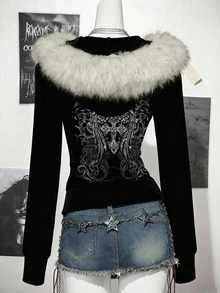 SHEIN Sweetra Young Teenager Sweatshirt, Long Sleeve, Fleece, Fall Clothes, Fall, 3D Cut Design, Hood Decorated With Faux Fur Trim, Very Fashionable And Casual To Wear - Black - View 1