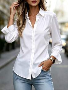 SHEIN Solid White Collared Long Sleeve Blouse For Women With Shoulder Pleats, Button Front, Ruffle Cuffs, Loose Fit And Curved Hem, Versatile Commuter Top - White - View 5