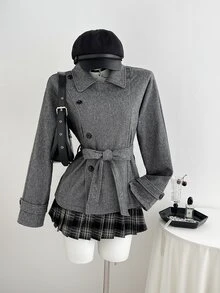 Elamini Women's Small Lapel Overcoat, Autumn/Winter - Dark Grey - View 1