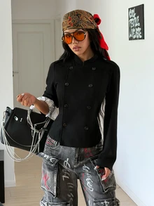 SHEIN HypeZone Women's Autumn New Vintage Slimming Flattering Casual Versatile Chic High-End Black Jacket - Black - View 3
