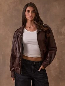 SHEIN BAE Jaket Komuter Wanita Modis Musim Gugur - Coklat - View 3