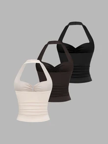 Sweetra New European And American Sexy Style Halter Neck Ruched Cinched Waist Apricot, Coffee Brown And Tops 3-Piece Set - Multicolor - View 2