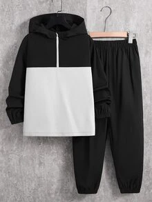 SHEIN 2件組兒童青少年男孩半拉鍊連帽外套與慢跑長褲套裝，適合通勤、上學、日常休閒穿著、運動，秋冬款 - 黑與白 - 查看 3