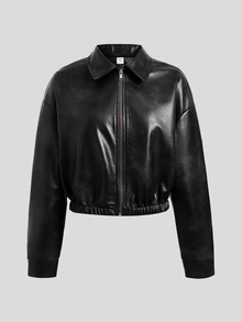 SHEIN 青少年女孩秋/冬新款美式復古黑色磨損PU皮革短夾克，適合秋冬季節 - 黑色 - 查看 3