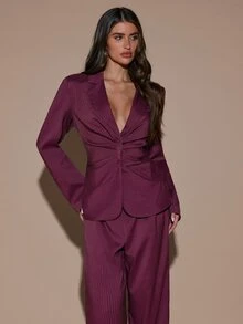 SHEIN BAE Women's Elegant Ruched Waist Long Sleeve Jacket And Striped Pants Suit Set - Burgundy - View 6