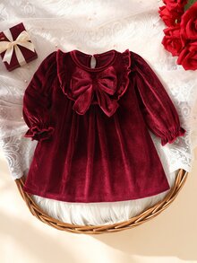 SHEIN Newborn Baby Girls Velvet Tutu Dress Sweet Elegant Burgundy Dress Big Bow Ruffle Solid Long Sleeve Thick Christmas Fall Winter Ballet Fuzzy Plush - Burgundy - View 2