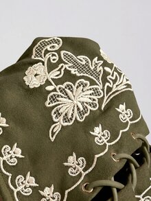 Soleia 女款度假休閒花卉刺繡交叉綁帶抹胸上衣 - 軍綠色 - 查看 7