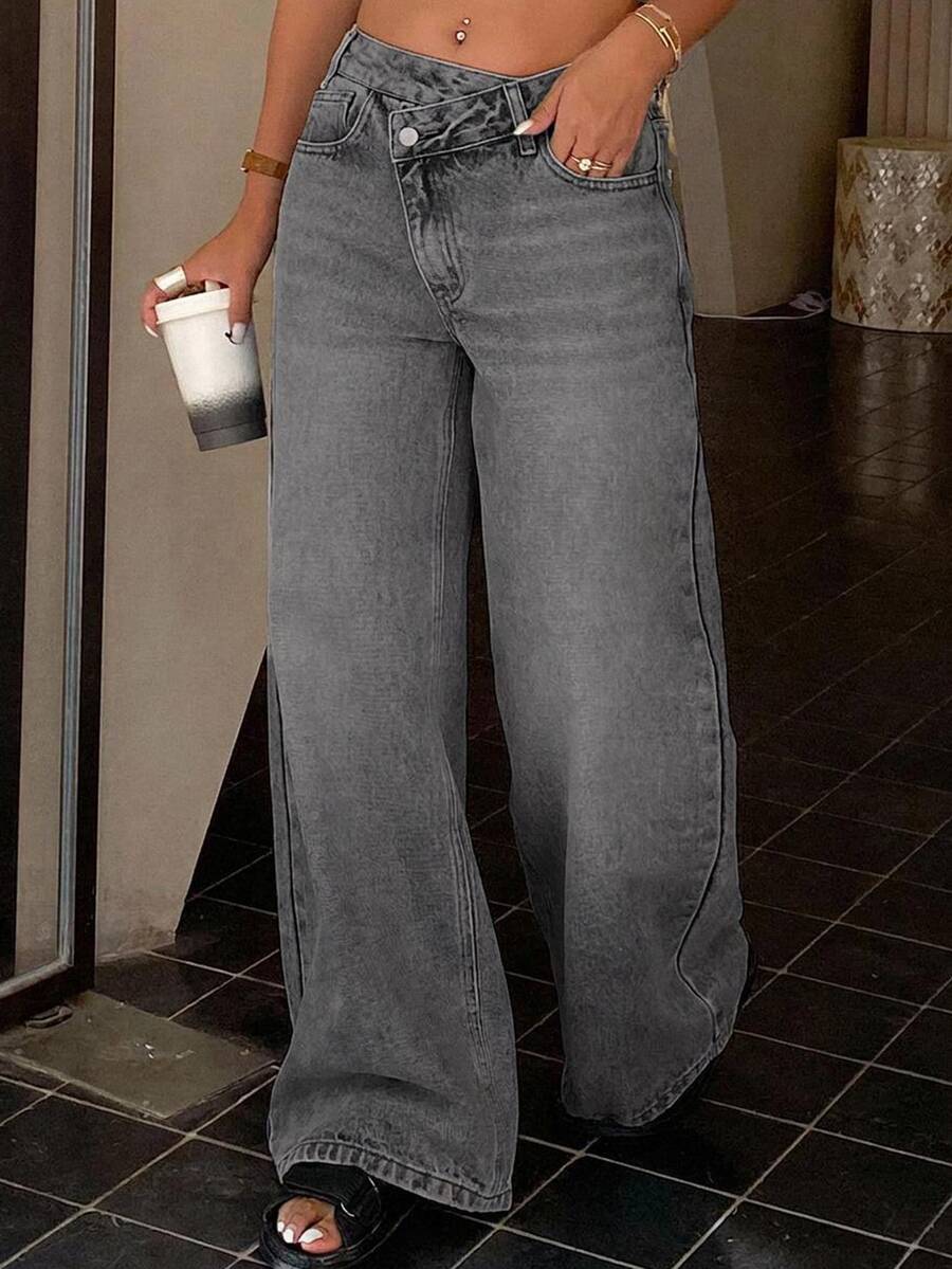 Dazy Plus Korean Style Low Waist Asymmetric Waistband Straight Leg Denim Jeans - Grey - View 1