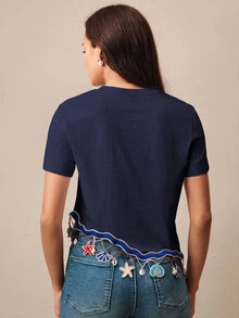 Anewsta Women's Summer Daily Ocean Element Niche Design Shell Pendant Round Neck Short Sleeve - Navy Blue - View 7