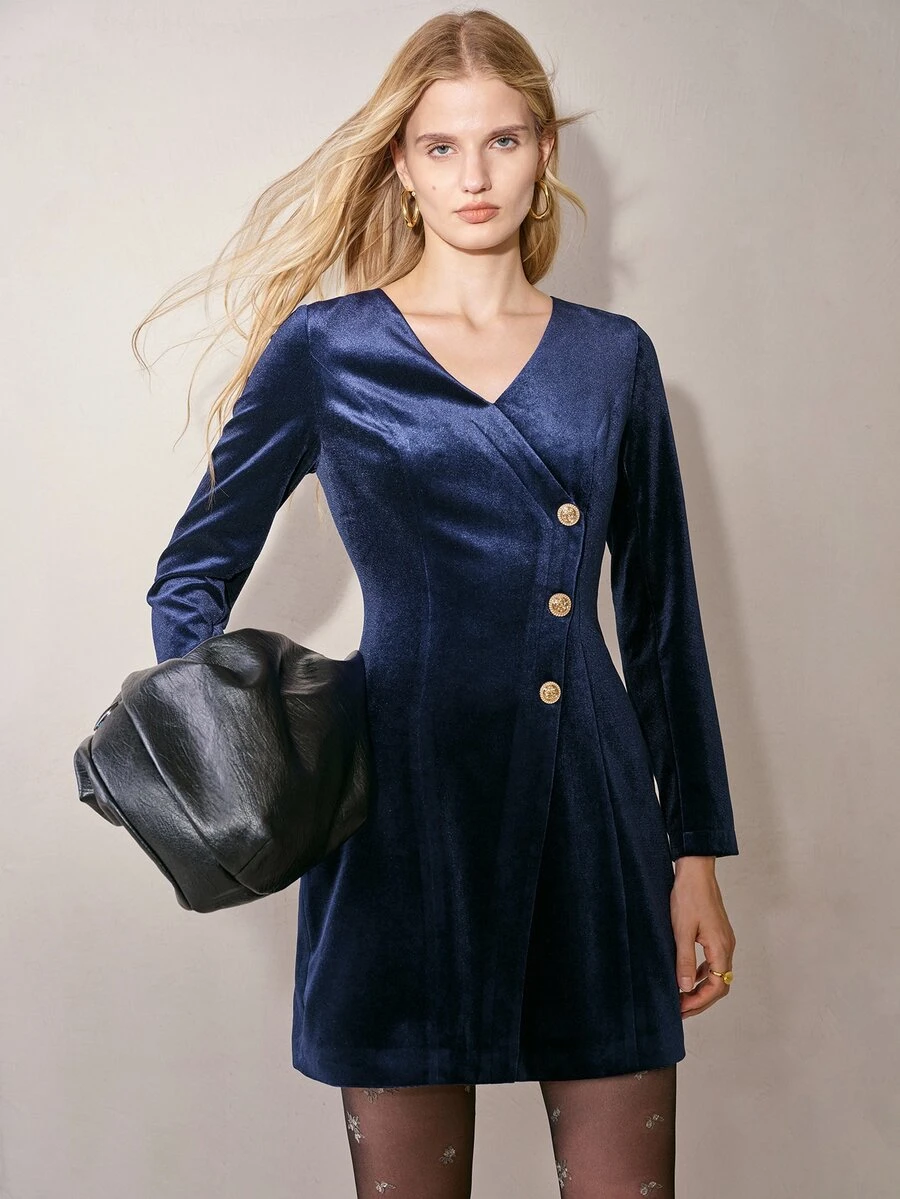MOTF PREMIUM GAUN BELUDRU WANITA ELEGAN DENGAN LEHER V DAN PINGGANG YANG DIKENCANGKAN - Biru - View 1