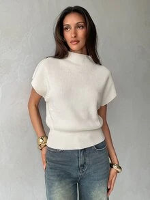 Aloruh 女款純色立領蝙蝠袖短袖休閒針織上衣 - 米色 - 查看 4