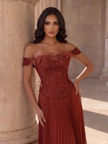 Coutiva Women's Elegant Evening Dress With 3D Floral Decor, Off-Shoulder Design And Pleated Hem - Rust Brown - View 4