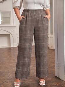 SHEIN LUNE Plus Size Women's Plaid Casual Versatile Daily Wear Long Pants - Brown - View 1