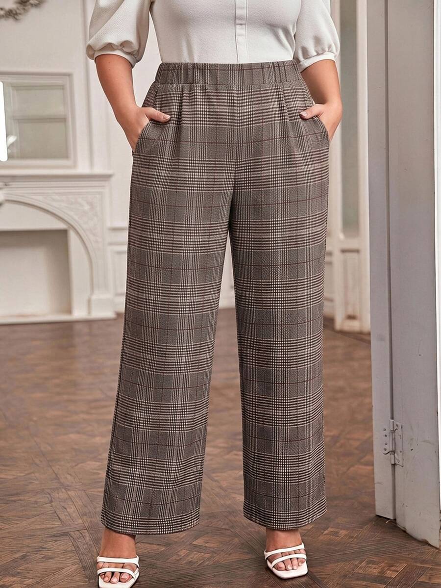 SHEIN LUNE Plus Size Women's Plaid Casual Versatile Daily Wear Long Pants - Brown - View 1