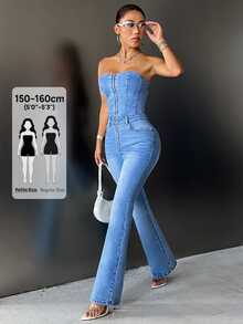 Flexra Petite Women's Fashion Zipper Front Strapless Denim Jumpsuit - Light Wash - View 1