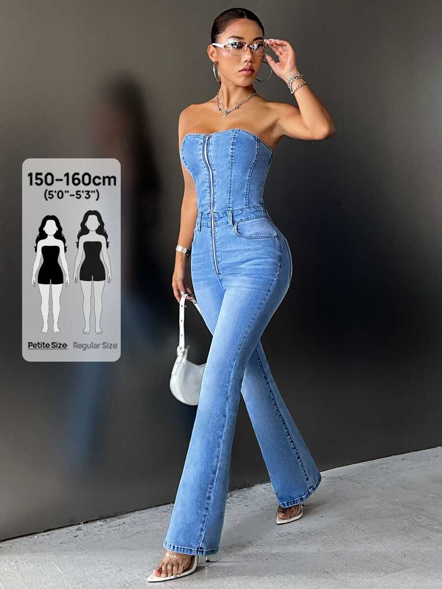 Flexra Petite Women's Fashion Zipper Front Strapless Denim Jumpsuit - Light Wash - View 1