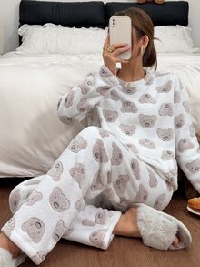 Napfluff Women's Cute Bear Soft Plush Long Sleeve & Long Pants Pajama Set - White - View 5