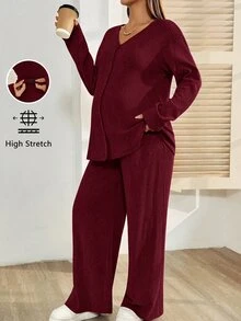 SHEIN 孕婦純色單排扣長袖上衣與可調腰圍長褲休閒兩件套 - 酒紅色 - 查看 7
