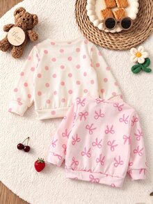 2Pcs Baby Girls Cute Bun, Rainbow Dumpling & Pearl Milk Tea Pattern Sweatshirt, Colorful Bow Print Crew Neck Pullover - Multicolor - View 2