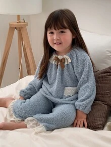 DAZY Baby Girls Round Neck Casual Comfortable Korean Style Long Sleeve 2 Pieces Set Autumn/Winter Loungewear - Baby Blue - View 7
