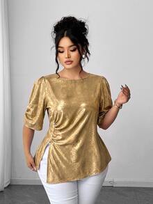 Elenzga Plus Size Women's Elegant Exquisite Gold-Tone Petal Sleeve Side Twist Ruched Slit Pearl Decor Woven Short Sleeve Blouse, Versatile For Daily Wear And Multiple Occasions - Gold - View 4