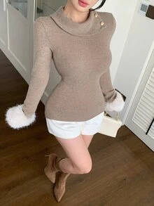 Joudiya Women's Autumn/Winter Knit T-Shirt With Collar, Button Decor, Long Sleeve, Slim Fit, Cinched Waist, Asymmetrical Hem, Casual Commute, Wedding, Party - Brown - View 5