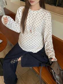 Dazy Maternity Contrast Polka Dot Loose Long Sleeve Crew Neck Casual Vacation Daily Versatile Spring Autumn Maternity T-Shirt - White - View 9