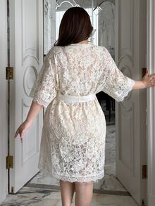 Dazy Plus Romantisk semesterstil spets halvt genomskinlig sexig vår sommar höst loungewear-morgonrock - Beige - Visa 2
