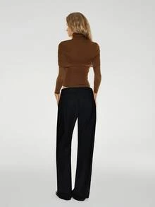ATUI Studio Solid Color High Neck Fitted Shawl Sweater 2 Pieces Set - Brown - View 3