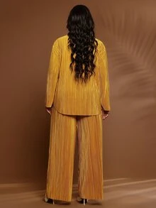 BrightlyHer Plus Size Solid Textured Lapel Long Sleeve Button Front Shirt And Pants Two Pieces Set Fall Winter 2026 - Yellow - View 5