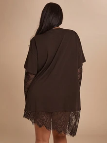 SHEIN BAE CURVE 大尺碼女款卡其色刺繡A字拼接長裙，優雅超長洋裝 - 咖啡棕 - 查看 2