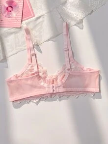 PetitDoll حمالة صدر سلكية شبكية بنقاط بولكا وتطريز دانتيل حلوة وجميلة للبنات، 1 قطعة - وردي فاتح - مشاهدة 2