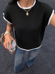 Siren Gaze 女款拼色圓領短袖休閒學院風極簡針織上衣 辦公室黑白配色 - 黑與白 - 查看 7