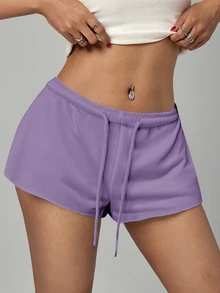 SHEIN PETITE 女款純色鬆緊腰寬鬆休閒短褲 - 淺灰紫 - 查看 4